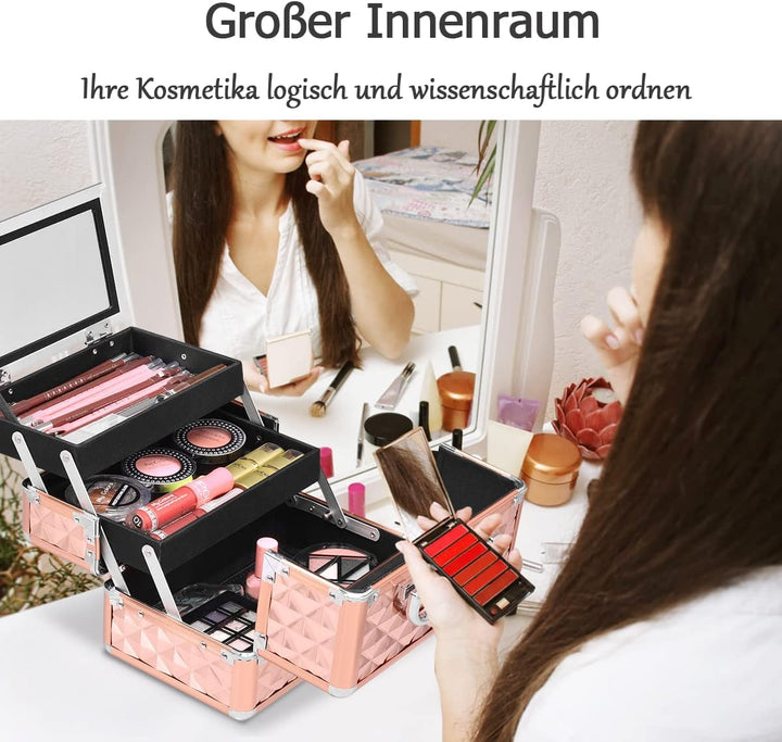 LIFEZEAL Kosmetikkoffer, Schminkkoffer für Reise, Make up Koffer im Rautenmuster, Abschliessbare Bea