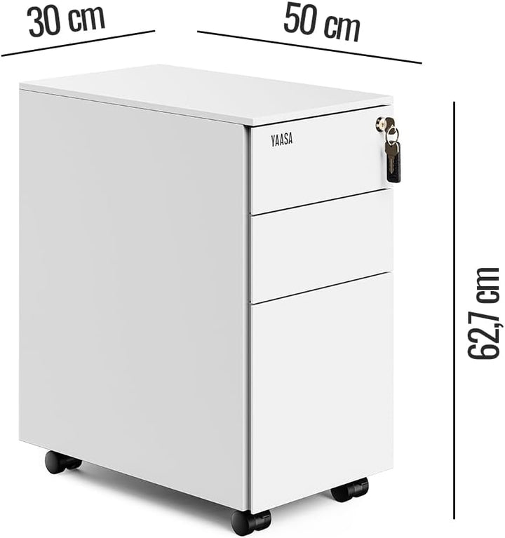 Yaasa File Cabinet Edged Kompakt Weiss - Rollcontainer aus Stahl, Aktenschrank mit 3 verschliessbare