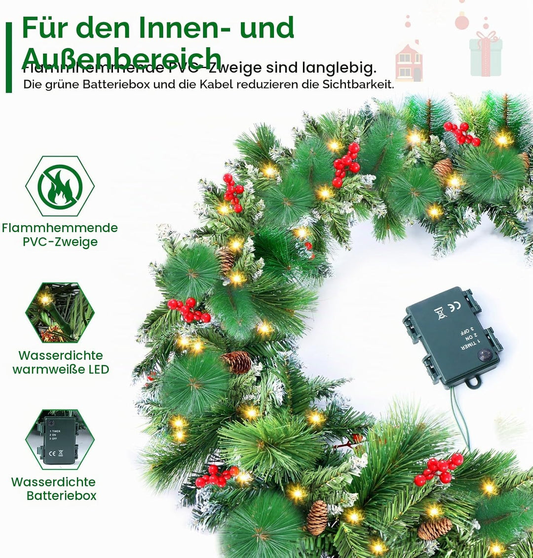 Weihnachtsgirlande, 2,7 m, Weihnachtsgirlande mit Lichtern, künstliche Weihnachtsbaumgirlande, Weihn