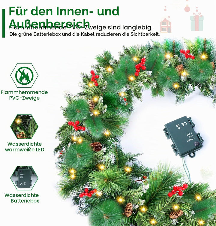 Weihnachtsgirlande, 2,7 m, Weihnachtsgirlande mit Lichtern, künstliche Weihnachtsbaumgirlande, Weihn