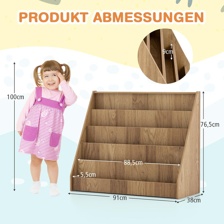 COSTWAY Kinderregal mit 5 Fächern, Bücherregal für Kinder, Zeitungsständer aus Holz, Aufbewahrungsre