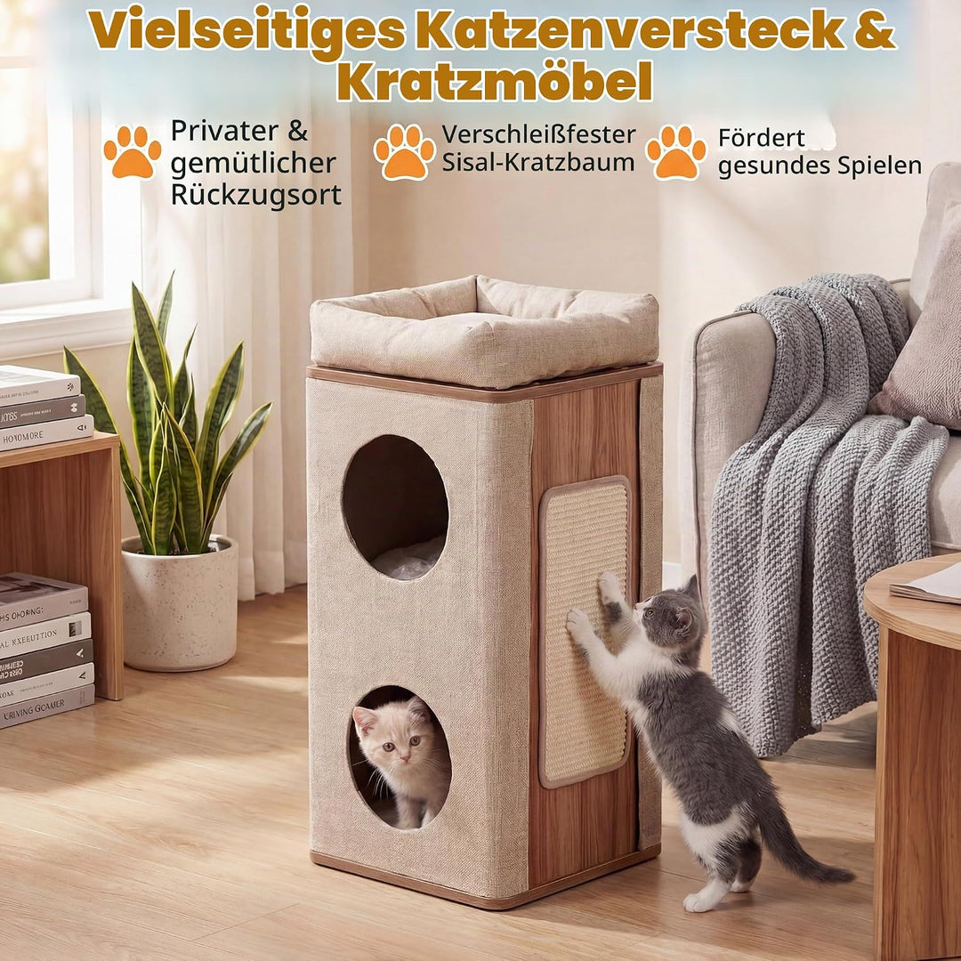 SOARS Kratztonne 3/4-stöckig, kratzbaum mit Kratzbrett, 2 Katzenhöhle &amp; Katzenbett, Katzenhaus mit A