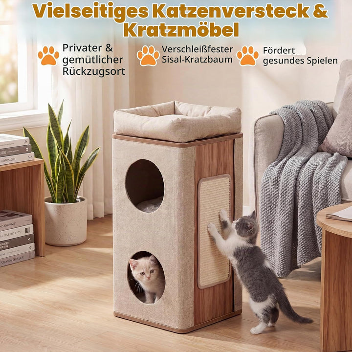 SOARS Kratztonne 3/4-stöckig, kratzbaum mit Kratzbrett, 2 Katzenhöhle &amp; Katzenbett, Katzenhaus mit A
