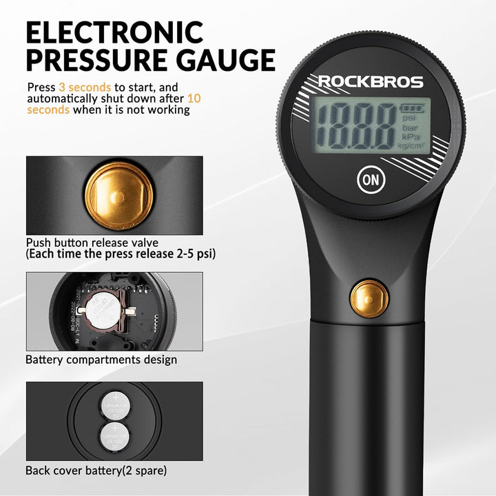 ROCKBROS Fahrradpumpe Luftpumpe Mini Pumpe Fahrrad Max. 320PSI Hochdruck Presta&Schrader Luftdruck E
