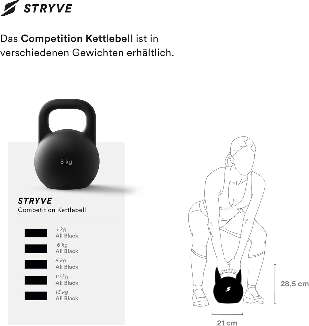 STRYVE Competition Kettlebell 4-16 Kg, hochwertige Kugelhantel aus Gusseisen inkl. Trainingsplan 8 K