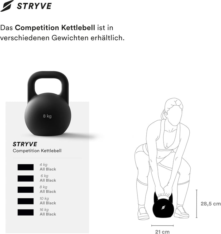STRYVE Competition Kettlebell 4-16 Kg, hochwertige Kugelhantel aus Gusseisen inkl. Trainingsplan 8 K