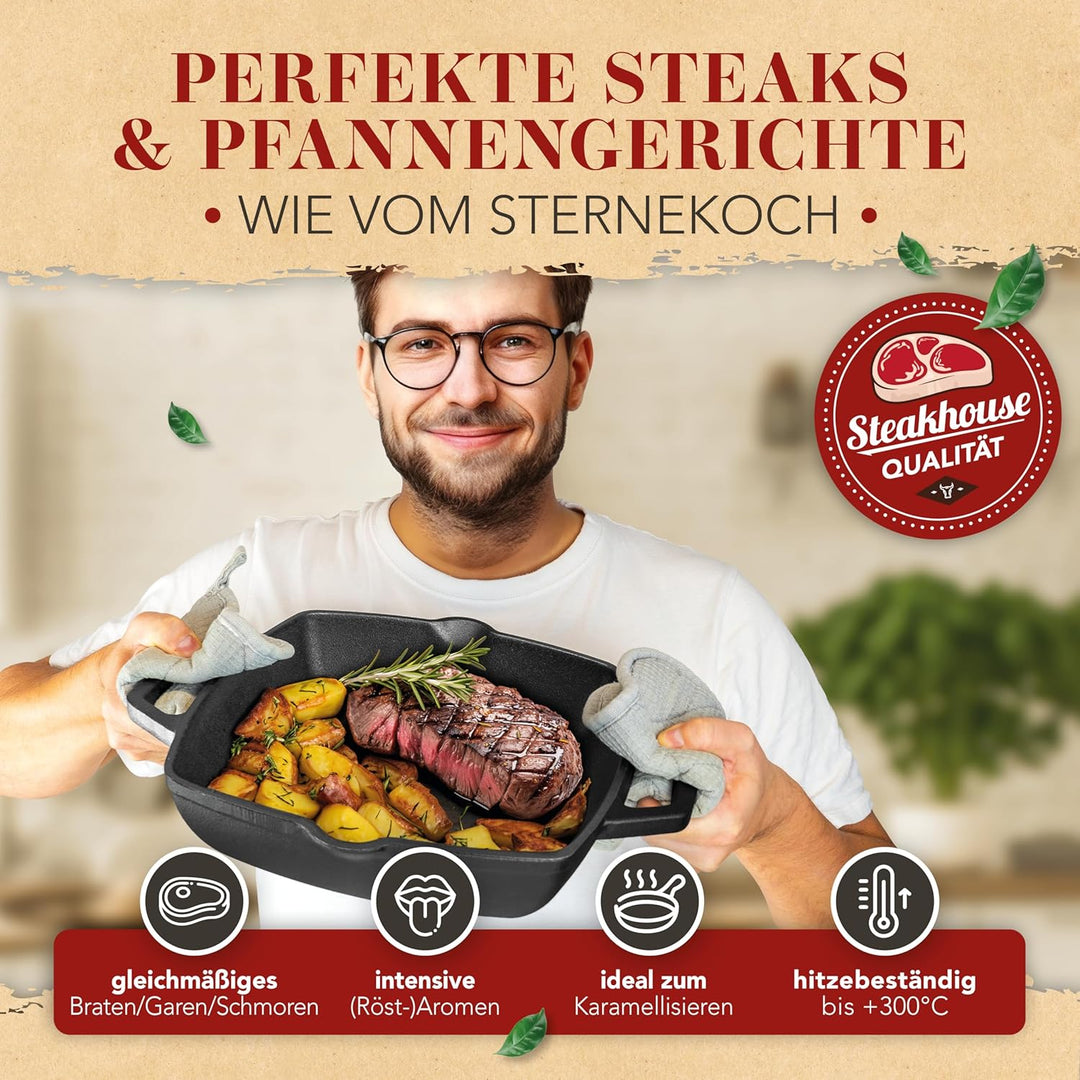 KRUSTENZAUBER 26cm Grillpfanne Induktion Doppelgriff - Geriffelte Gusseisenpfanne Induktion - Ideale