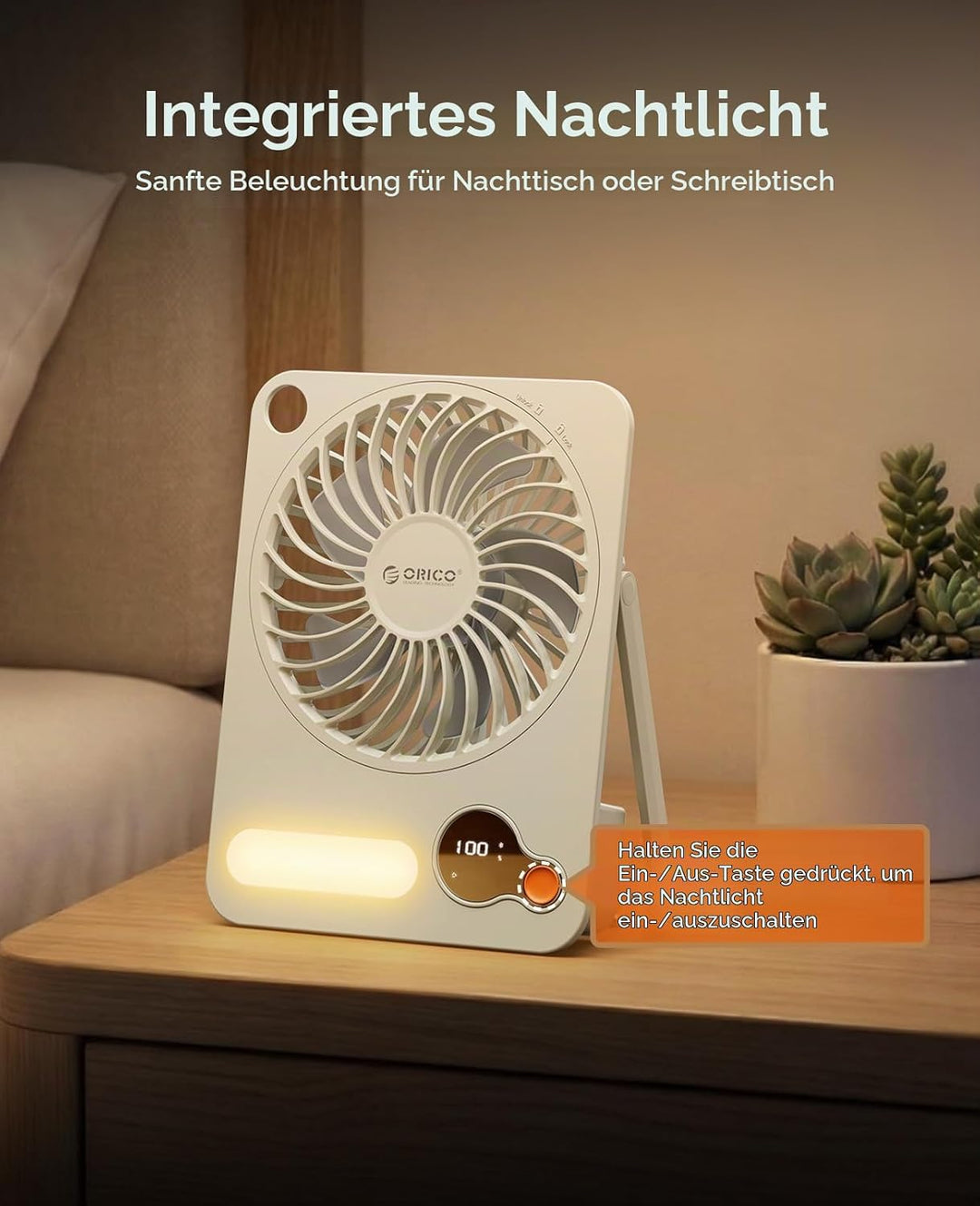ORICO DoFan USB Tischventilator mit 3200 RPM, 3600mAh Akku &amp; LED Nachtlicht, 180° Flexibler Halterun