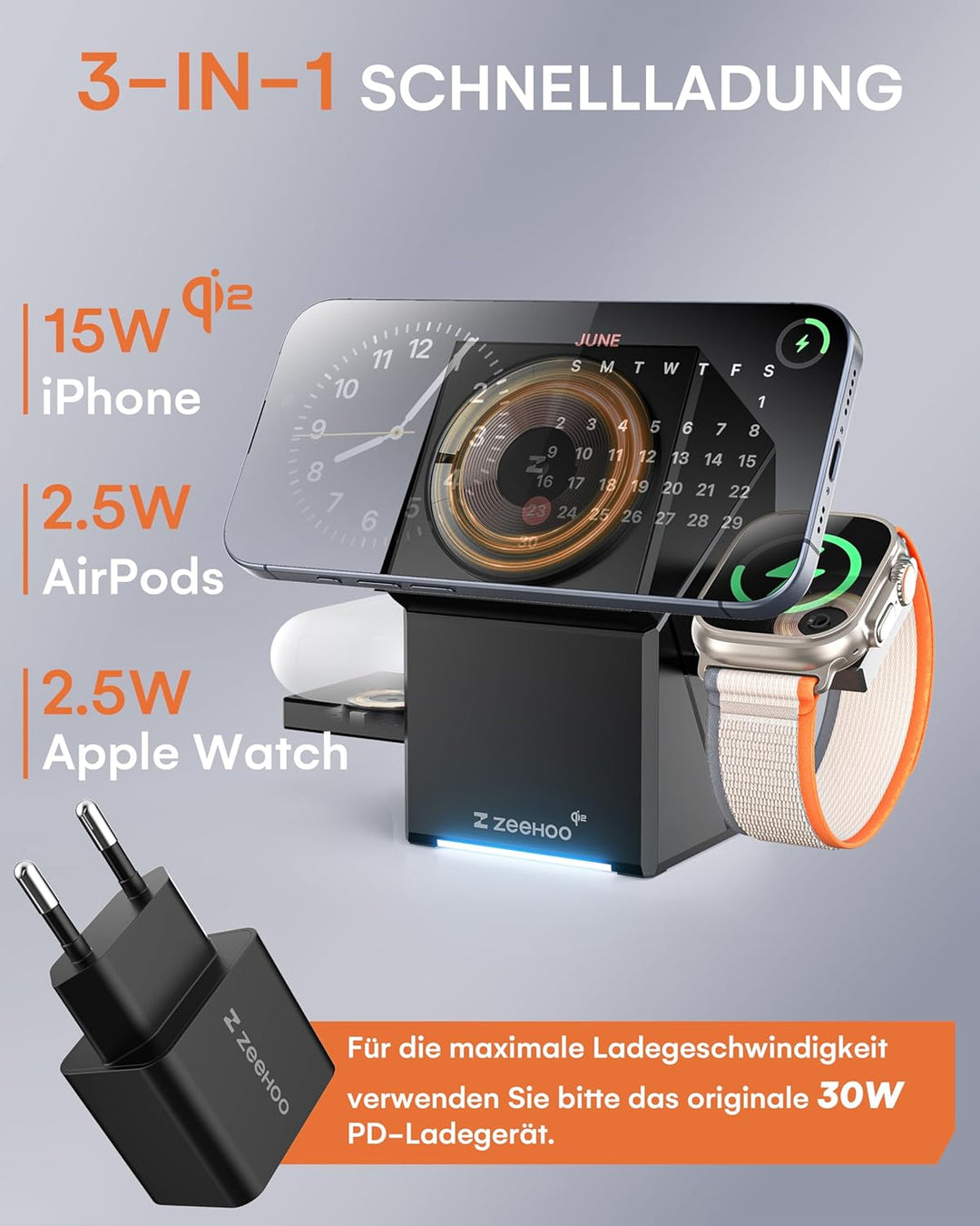 ZEEHOO Wireless Charging Station, CubeTrick-X Qi2 15W Schnellladung, kabellose Ladestation 3 in 1 mi
