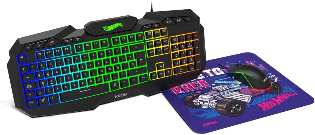 KROM Maus und -Mausunterlage Hot Wheels Edition Kustom - LED RGB Membrantastatur, Maus optischem Sen