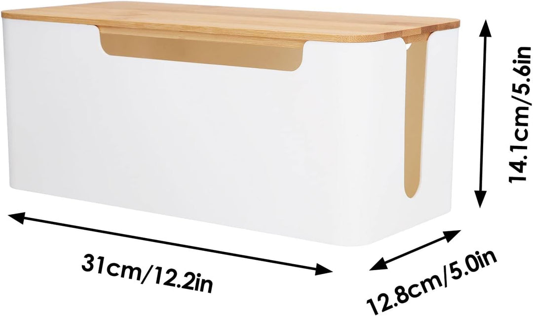 Kabelmanagement Box mit Holz Deckel, 31 x 14 x 12,8cm Weiss Kunststoff Kabelbox Schreibtisch Kabel O
