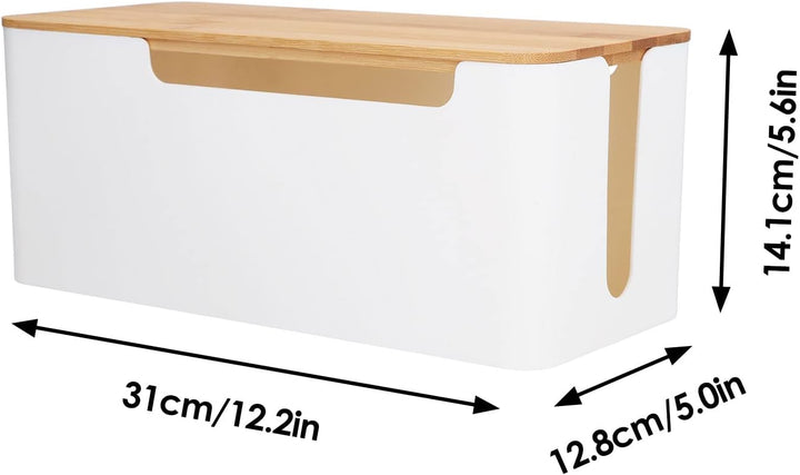Kabelmanagement Box mit Holz Deckel, 31 x 14 x 12,8cm Weiss Kunststoff Kabelbox Schreibtisch Kabel O