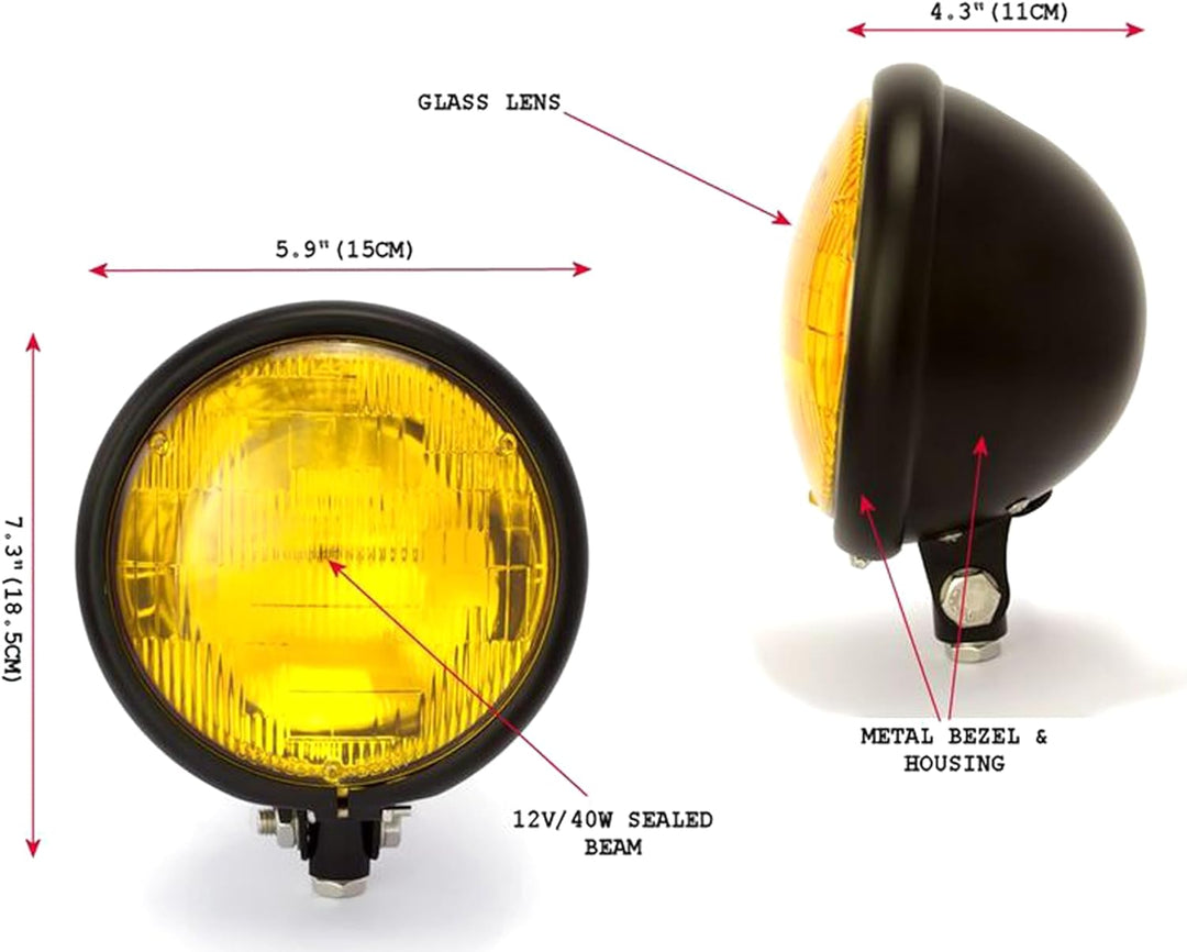 Schwarze Frontscheinwerfer Motorrad mit Gelben Linsen 5.75" 12V 55W Bates Optik - Metallgehäuse