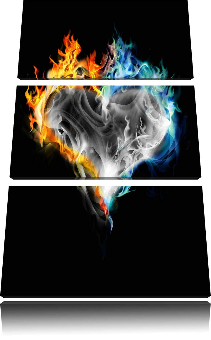 Dark brennendes Herz aus Feuer und Wasser schwarz/weiss 3-Teiler Leinwandbild 120x80 Bild auf Leinwa