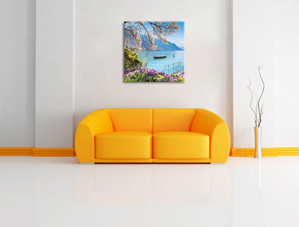 Genfer See im Sonnenschein, Format: 70x70 auf Leinwand, XXL riesige Bilder fertig gerahmt mit Keilra