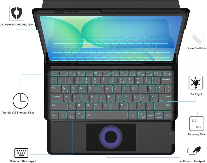 Für Galaxy Tab S10 FE+ 13,1" Tastatur Hülle - 7 Farben Beleuchtung Abnehmbare Trackpad Tablet Cover