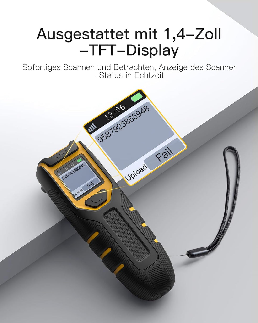 Inateck Tragbarer Barcode Scanner Kabellos 1D mit Display, BCST-49 | Kann Bildschirm Scannen, mit Bl