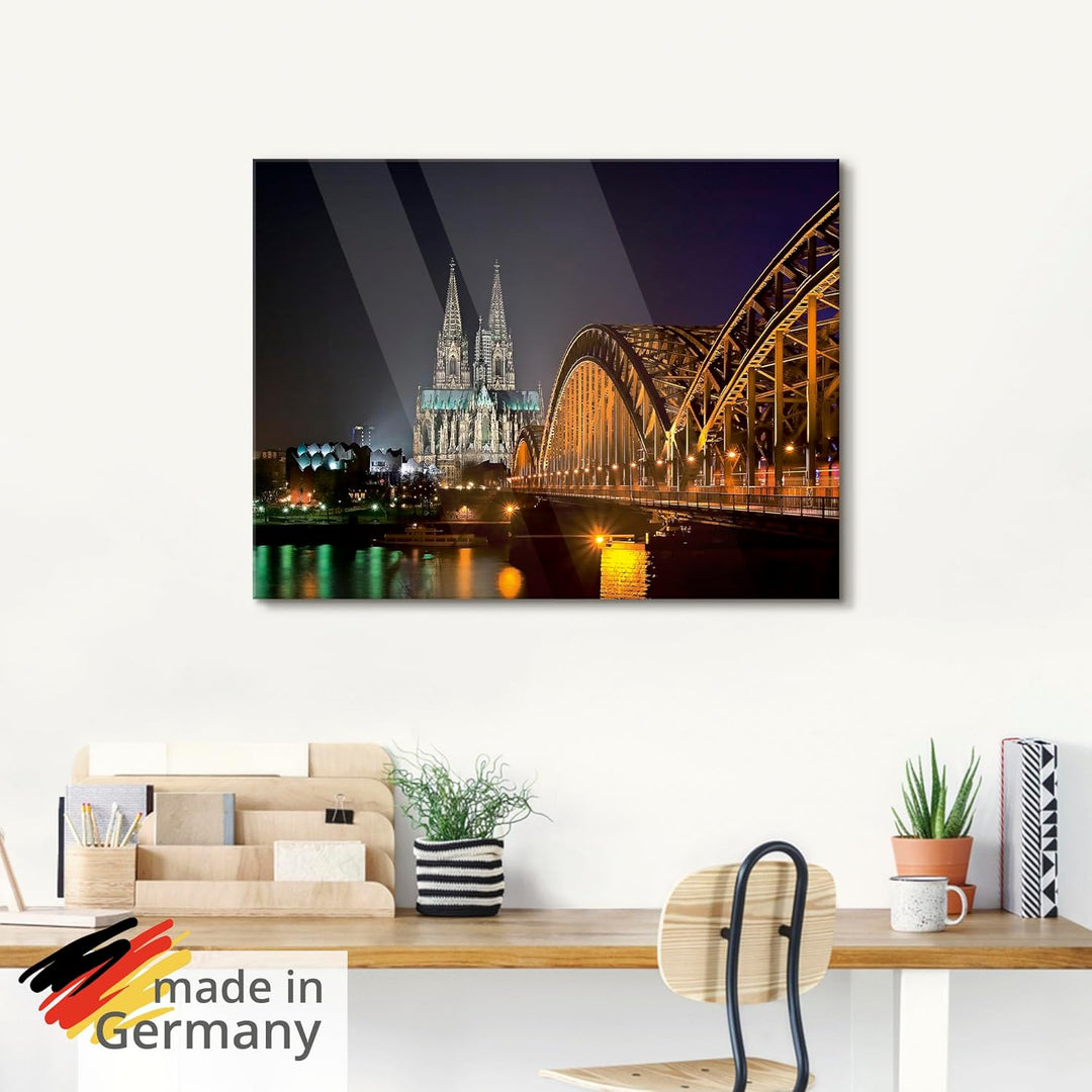 ARTland Glasbilder Wandbild Glas Bild einteilig 60x30 cm Querformat Köln Rheinbrücke Kölner Dom Gebä