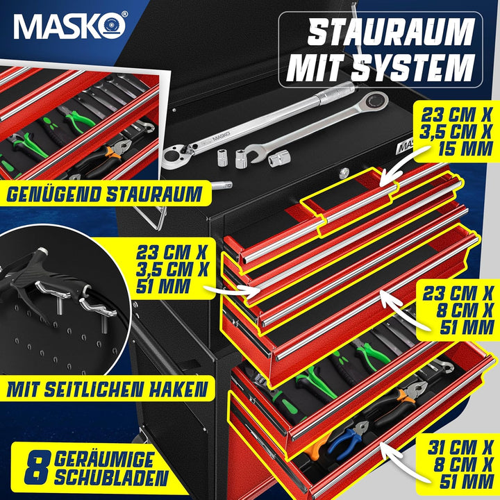 MASKO® Werkstattwagen inkl. Koffer - 9 Fächer Abschliessbar | Massives Metall | Mobiler Werkzeug-Wag