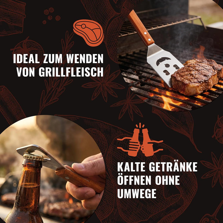 THO BBQ 7-in-1 Grillspachtel Edelstahl mit Holzgriff – Grillwender mit Flaschenöffner, Schaberkante
