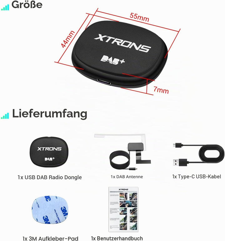 XTRONS Ultraleichter DAB+ Digitalradio-USB-Dongle für Android-Autoradio, unterstützt grosse Programm