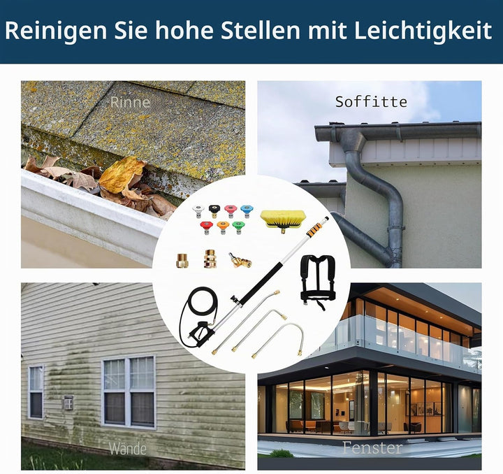Teleskop Hochdruckreiniger Zauberstab, 7,3 m Hochdruckreiniger Sprühstab Set mit 7 Sprühdüsenspitzen