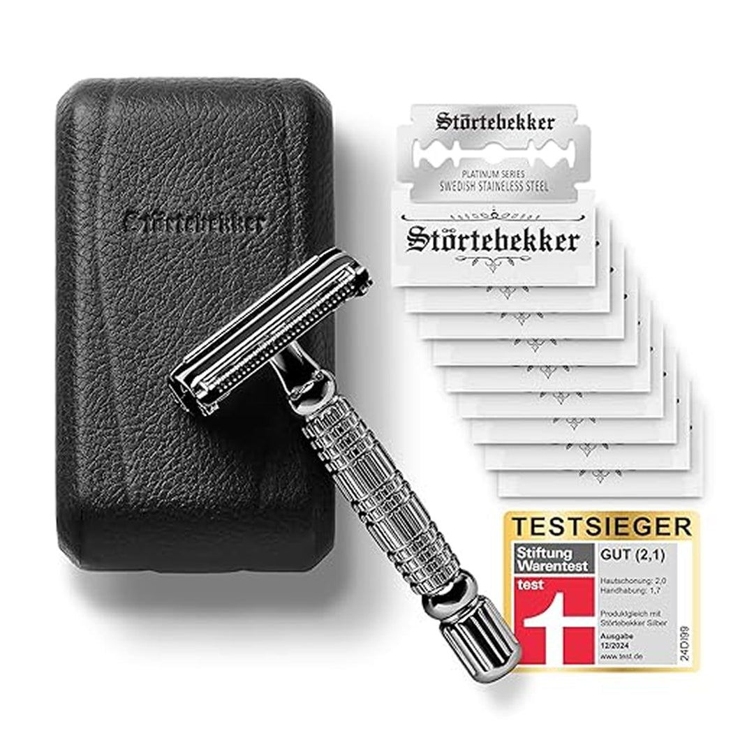 Störtebekker® Premium Rasierhobel im handgefertigten Leder-| Rasier-Set mit 10 Rasierklingen, Reise-