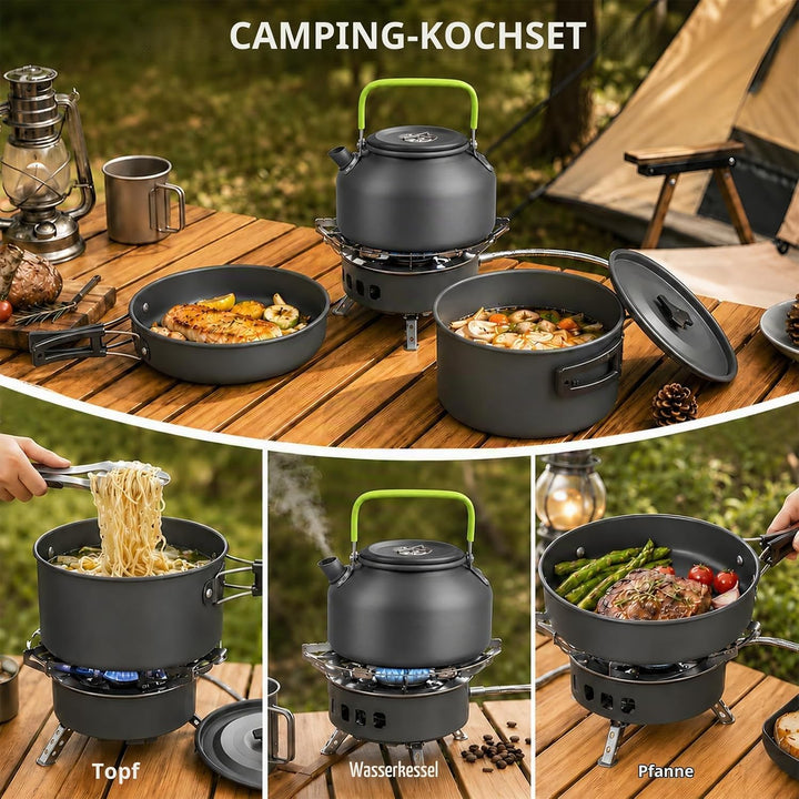 aiGear Camping Kochgeschirr Set/Outdoor Geschirr Set | Camping Topf Kochtopf Tragbar Aluminium | mit