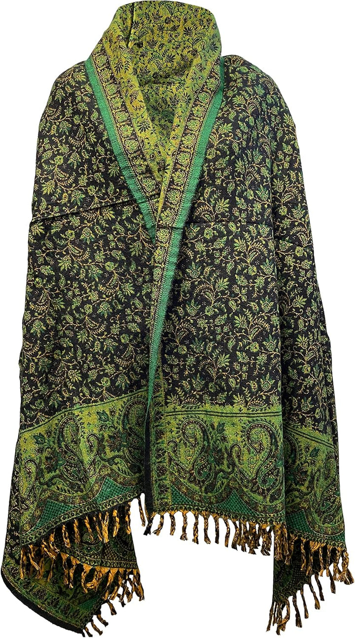 Winterschal aus weicher warmer Wolle, Vintage-Blätterdruck, handgefertigt, luxuriös, Übergrösse, wen