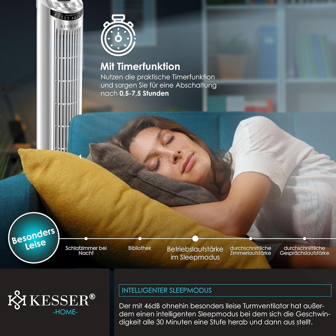 KESSER® Turmventilator mit Fernbedienung | 90° Oszillationswinkel | 3 Stufen | 90 cm |+ Timerfunktio
