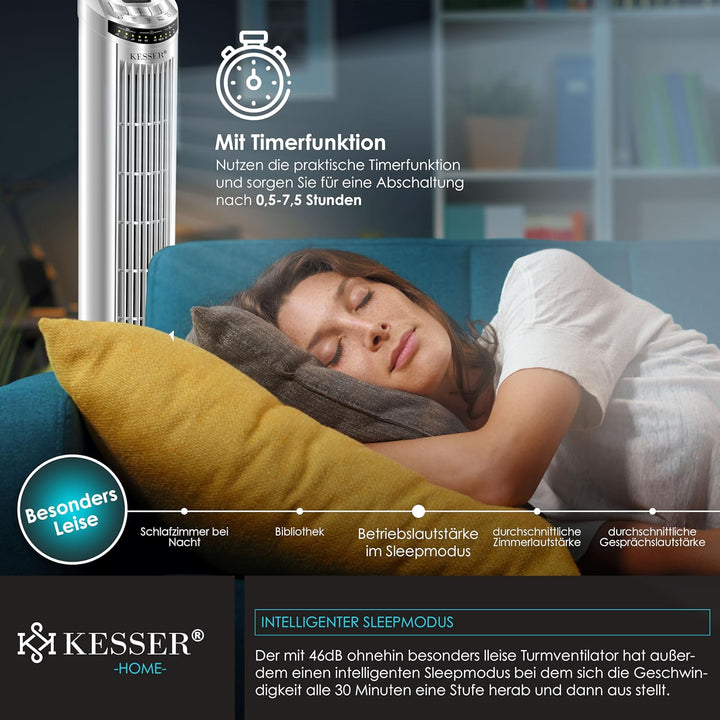 KESSER® Turmventilator mit Fernbedienung | 90° Oszillationswinkel | 3 Stufen | 90 cm |+ Timerfunktio