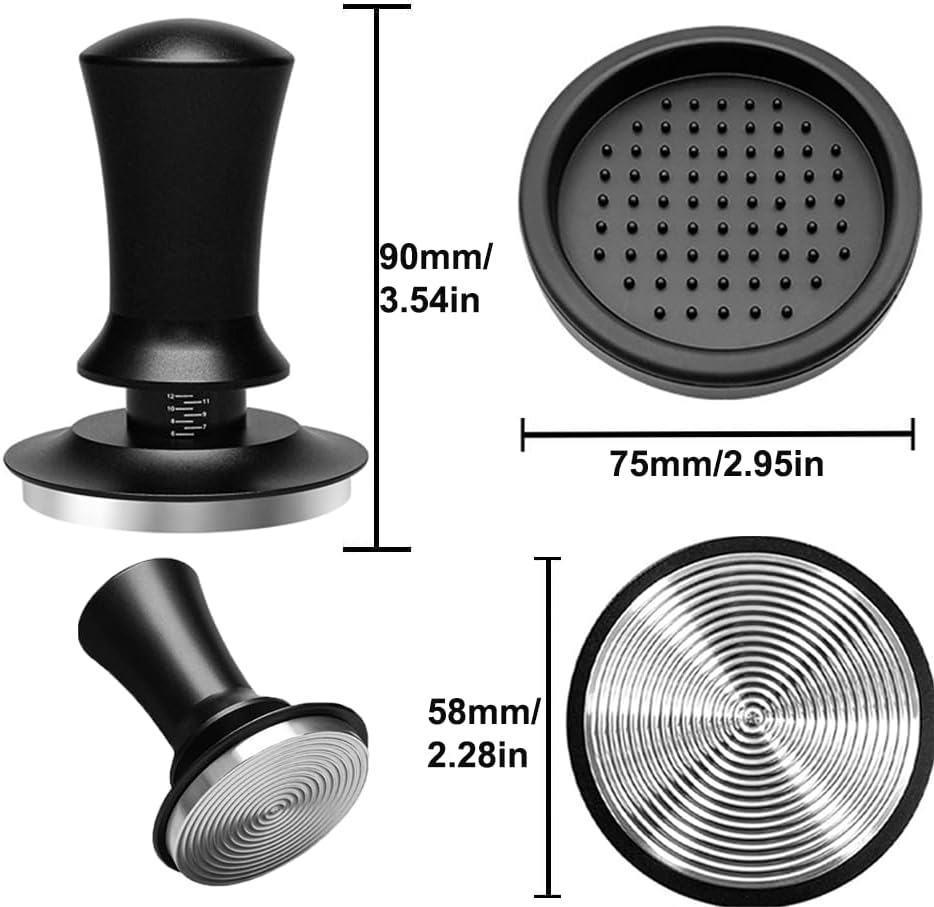 Kaffee Tamper 58mm mit Silikonpad - Espresso Stampfer Edelstahl Kalibriert mit Feder für 58mm Siebtr