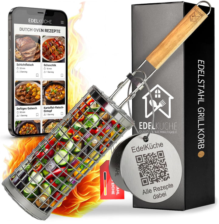 EdelKüche Premium Grillkorb aus Edelstahl für Gemüse und Fleisch | XXL, Rund, Zylindrisch, Gross | D
