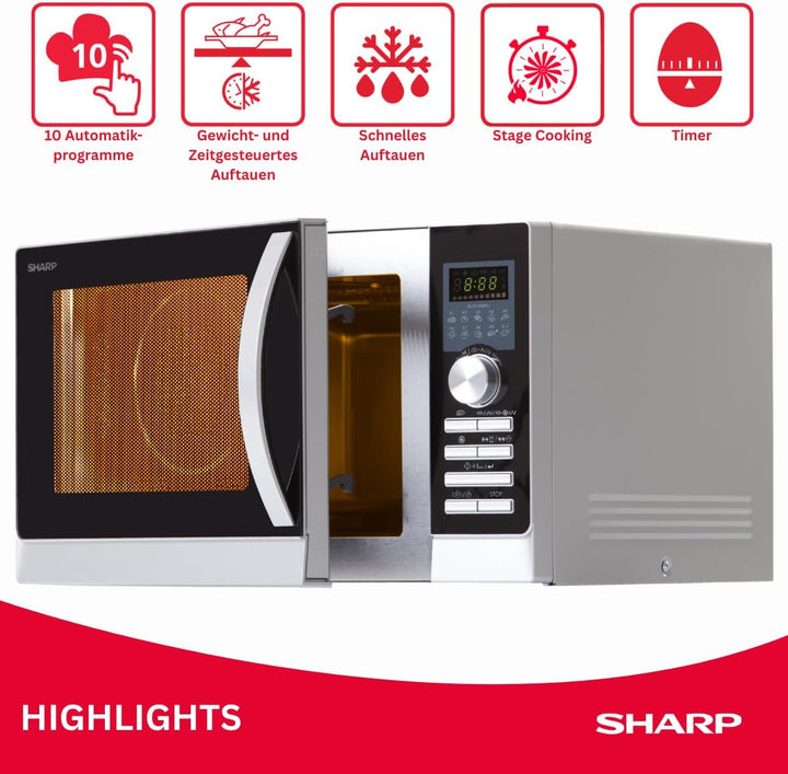 Sharp R843INW 3-in-1 Mikrowelle mit Heissluft, Grill und Konvektion/25 L/800 W/ 1000 W Grill / 2500