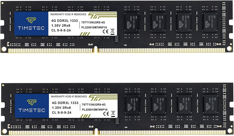 Timetec 8GB KIT (2x4GB) DDR3L 1333MHz PC3-10600 Non-ECC Unbuffered 1.35V CL9 2Rx8 Dual Rank 240 Pin