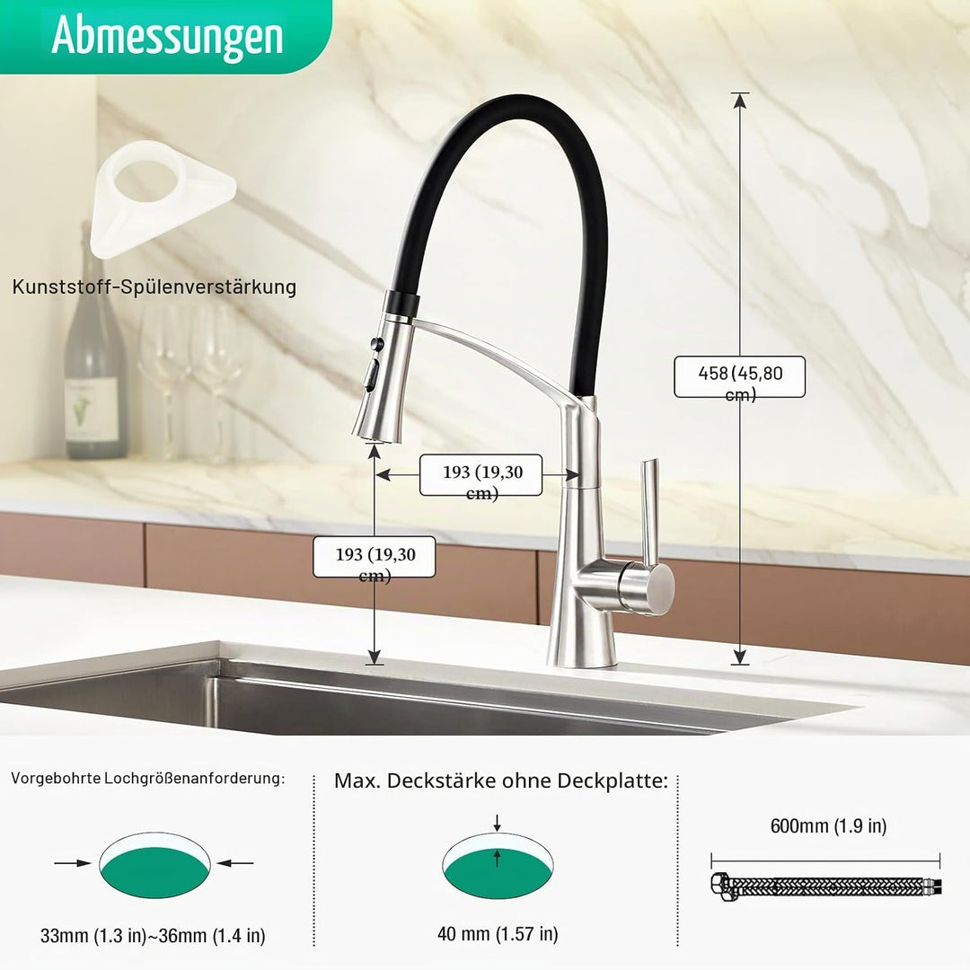 CREA Wasserhahn Küche mit 2 Funktionen Brause, Küchenarmatur mit Ausziehbarer Brause, 360° Drehbare