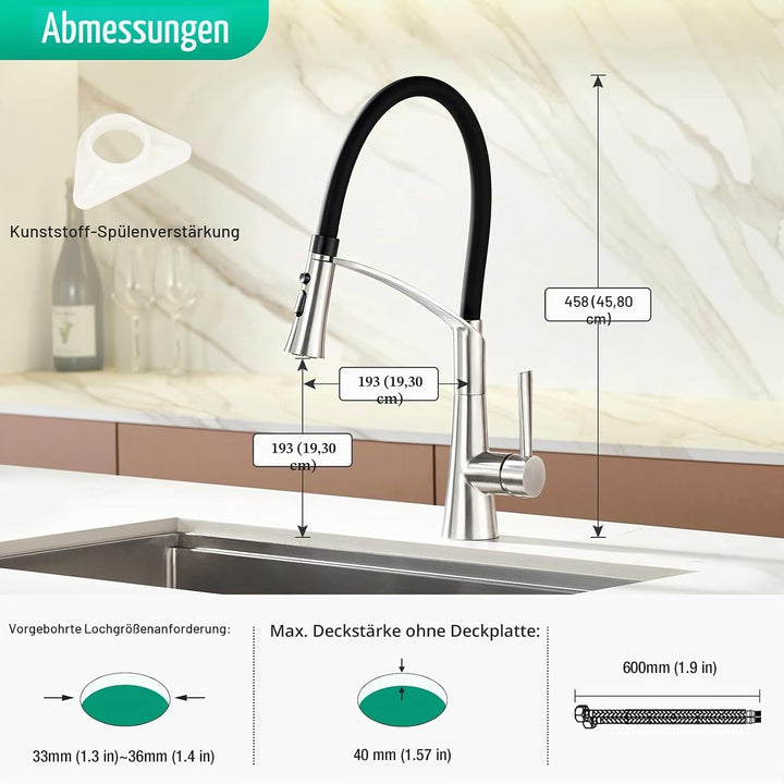 CREA Wasserhahn Küche mit 2 Funktionen Brause, Küchenarmatur mit Ausziehbarer Brause, 360° Drehbare