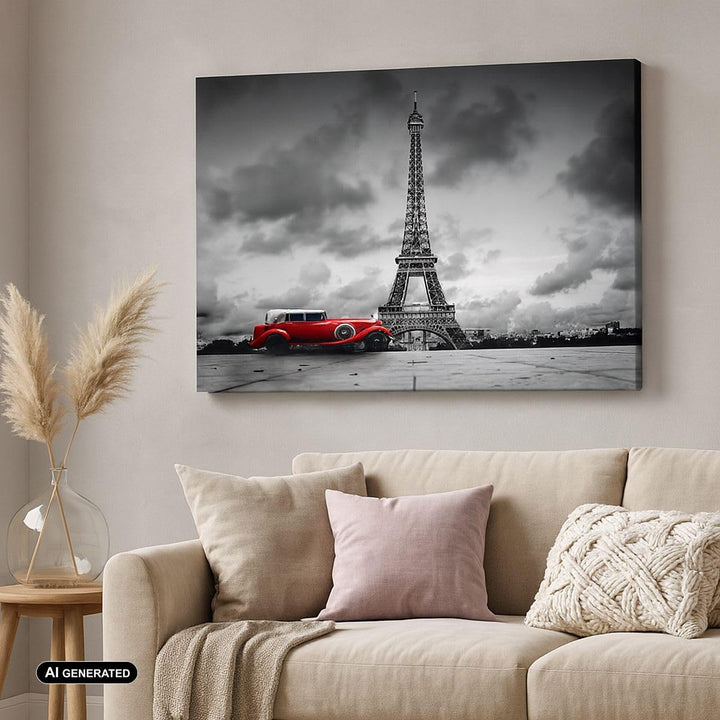 Bilder auf Leinwand 100x70cm Leinwandbild Auto Eiffle Paris Stadt Gross Wanddeko Bild Schlafzimmer K