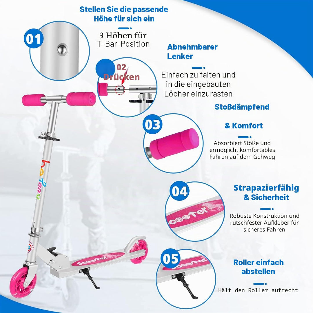 BELEEV Roller Kinder 2 Räder, Klappbar Kinderroller für Mädchen Jungen, Tretroller mit LED Leuchtend