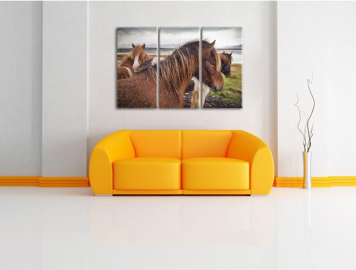 Pixxprint Herde aus schönen Wildpferden Kunst Buntstift Effekt 3-Teiler Leinwandbild 120x80 Bild auf