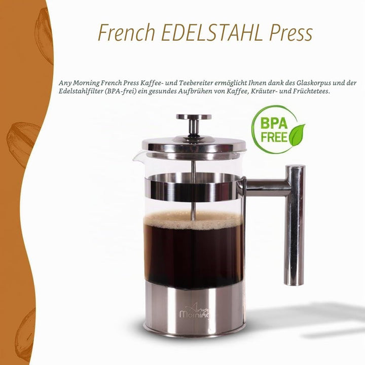 Any Morning French Press Kaffeebereiter | Kaffeekanne aus Edelstahl | Pressstempelkanne für frischen