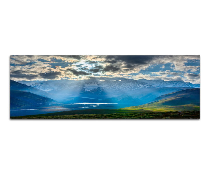 Paul Sinus Art Panoramabild auf Leinwand und Keilrahmen 120x40cm Himalaya Berge Fluss Wiesen Sonnena