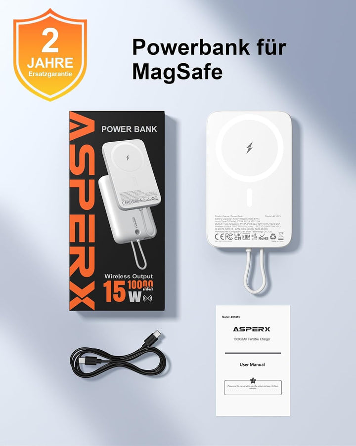 AsperX PD 22.5W 10000mAh Magnetische Powerbank für MagSafe | Mit USB-C Kabel,LED-Display,Portable Sl