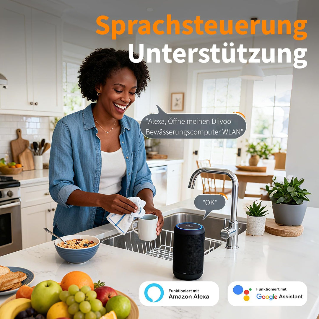 Diivoo Bewässerungscomputer WLAN mit Messing EIN-/Auslässe, Smarte Zeitschaltuhr Kompatibel mit APP/
