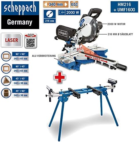 Scheppach HM216 | Kapp- und Gehrungssäge | Zugfunktion | inkl. Untergestell UMF1600 | 2000 Watt | 21