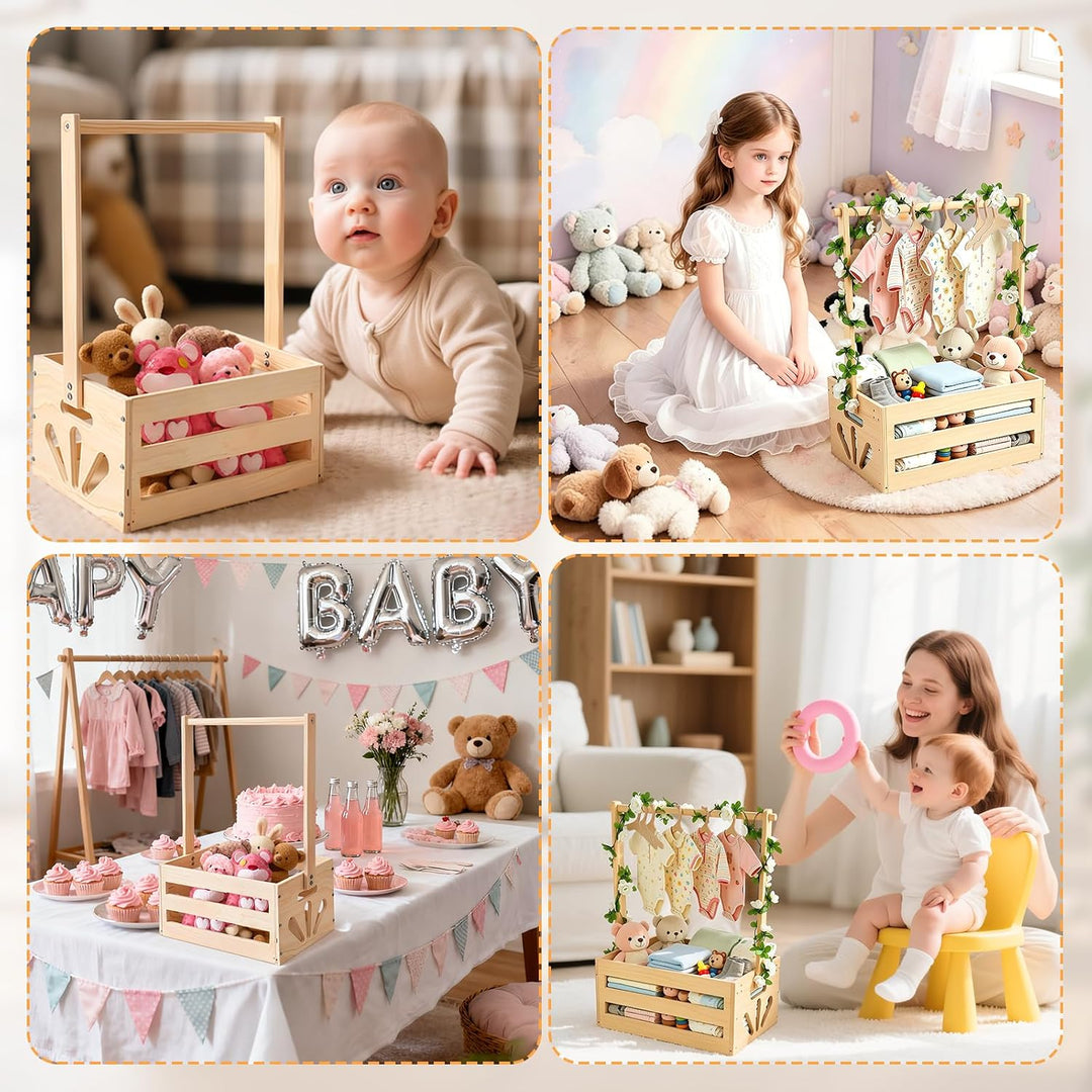 Baby Geschenk Korb aus Holz mit Griff, Baby Aufbewahrungskorb mit Kinder Kleiderbügel und Girlande,