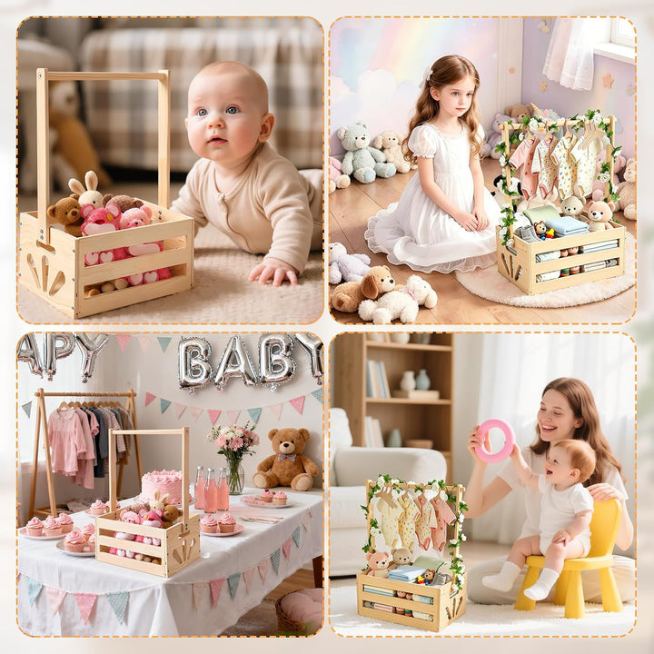 Baby Geschenk Korb aus Holz mit Griff, Baby Aufbewahrungskorb mit Kinder Kleiderbügel und Girlande,