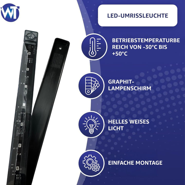 Flache LED-Positionsleuchte, Graphit-Rauchweiss, 12/24 V, IP68, 9 LEDs, universelle Montage, Kabel 2