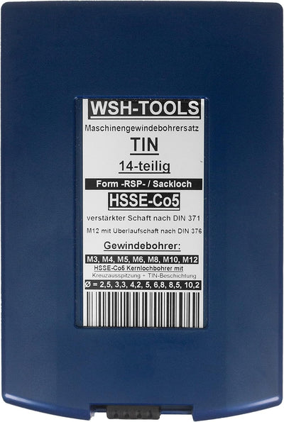 WSH-TOOLS Maschinengewindebohrer Set Sackloch M3, M4, M5, M6, M8, M10, M12 HSSE-Co5 Kunststoffbox 14