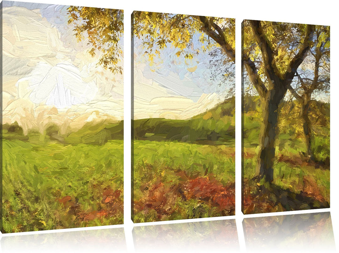 Pixxprint Landschaft im Herbst Kunst Pinsel Effekt 3-Teiler Leinwandbild 120x80 Bild auf Leinwand